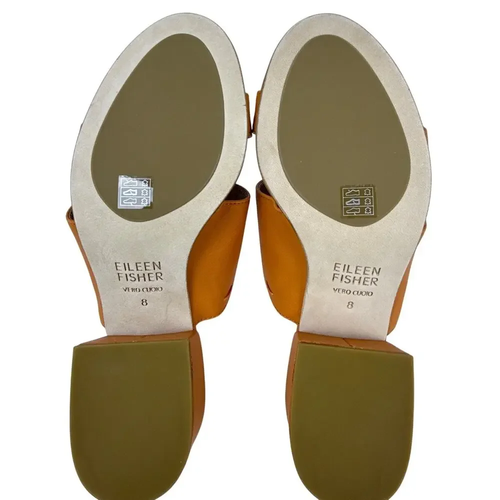 Eileen Fisher Rome Mule Sandal Womens 8 Orange Leather Straps Slip On Block Heel